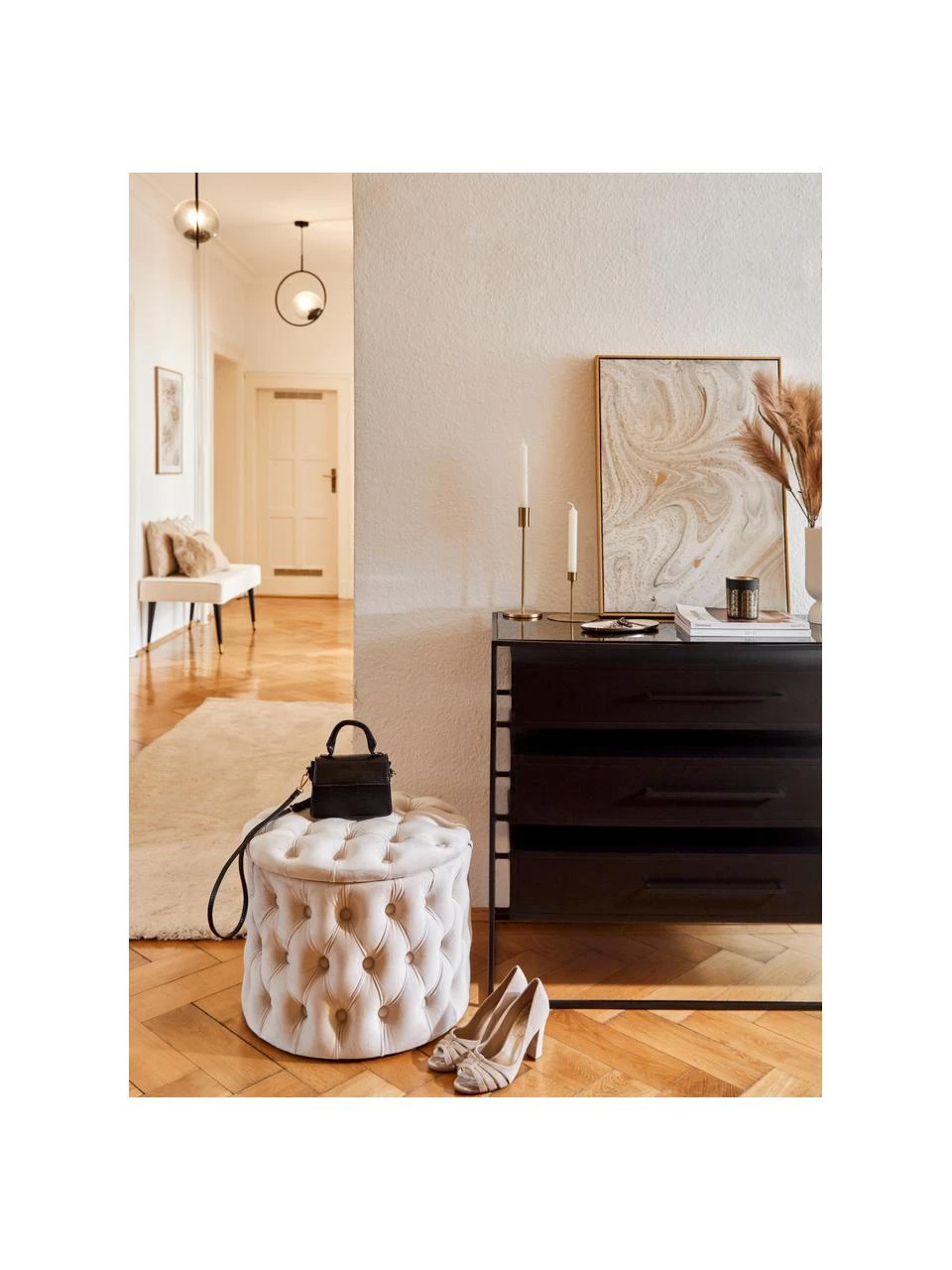 Westwing Collection Samt-Hocker Chiara mit Stauraum in Cremeweiß, Ø 50 x H 42 cm – Bild 3