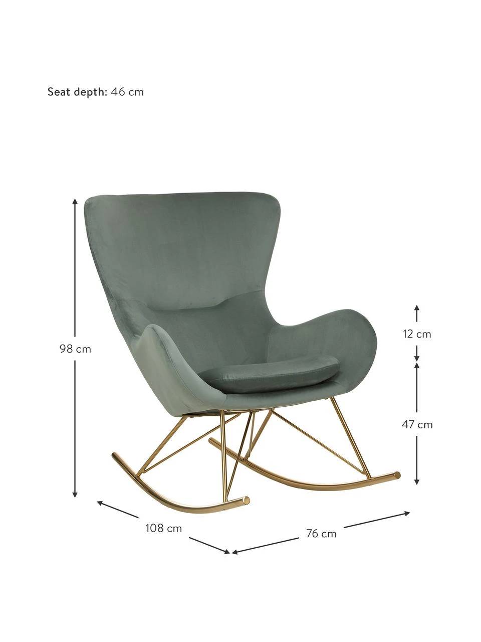 Westwing Collection Samt-Schaukelstuhl Wing in Salbeigrün mit Metall-Füßen, B 76 x T 108 cm – Bild 3