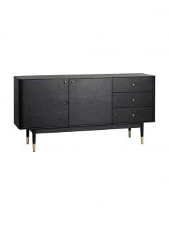 Rowico Schwarzes Sideboard Fenwood mit Schubladen mit Eichenholzfurnier, B 160 x H 79 cm